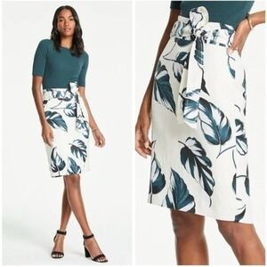 Ann Taylor Women's 14T Linen Blend Tie Waist Leaf‎ Print Skirt Career